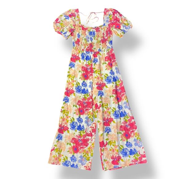 Skies are Blue Spring Summer Floral Short Sleeve Smocked Jumpsuit Size M Easter - Picture 1 of 11
